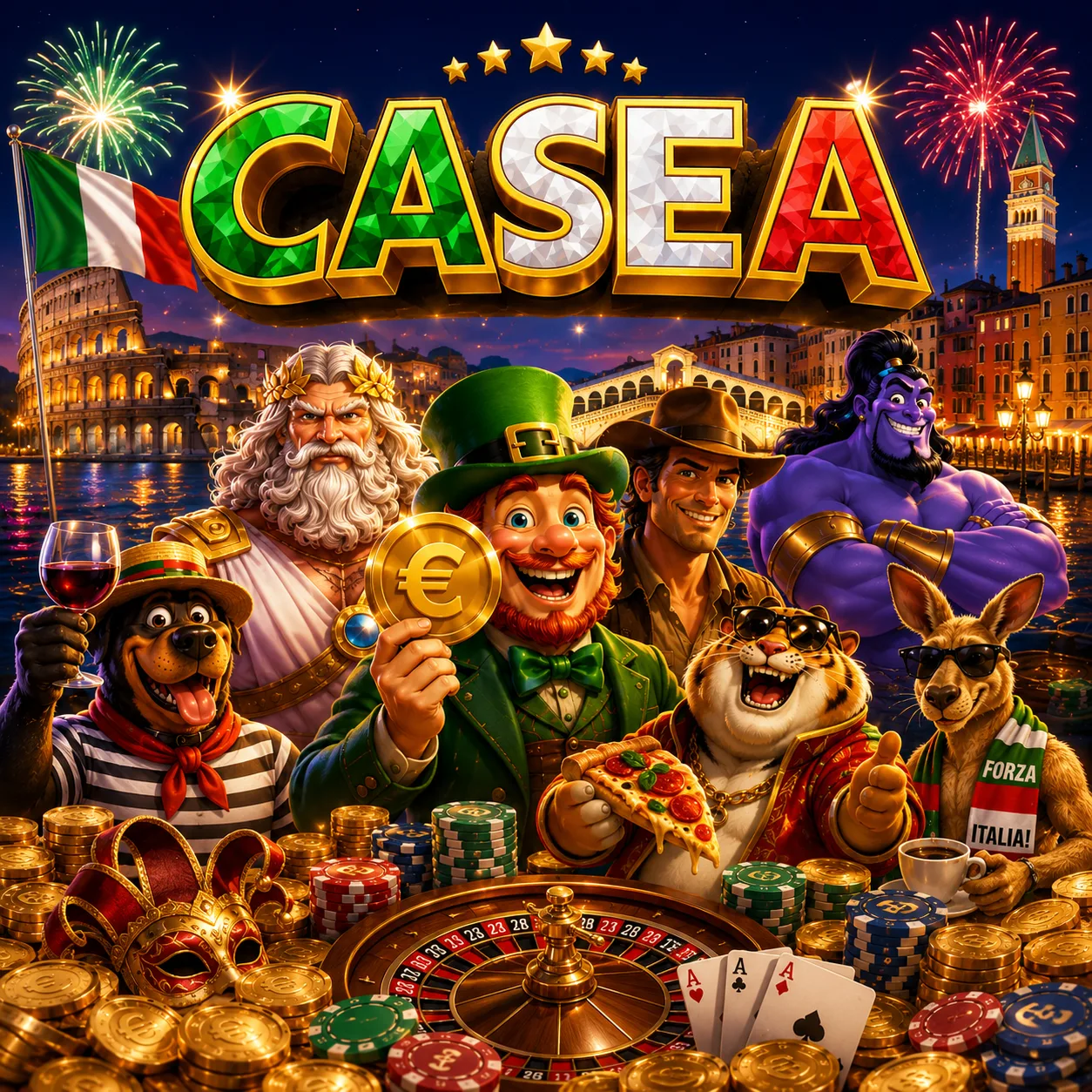 I personaggi delle slot di Casea festeggiano tra Venezia e il Colosseo
